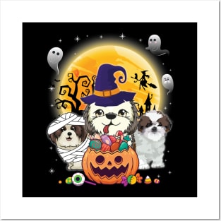 Shih Tzu Dog Mummy Witch Moon Ghosts Happy Halloween Thanksgiving Merry Christmas Day Posters and Art